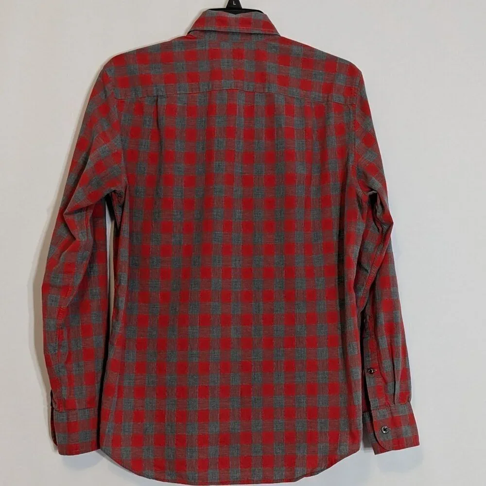 J. CREW Red/Gray Plaid Long Sleeve, Collared, Button Cotton Shirt; Size S